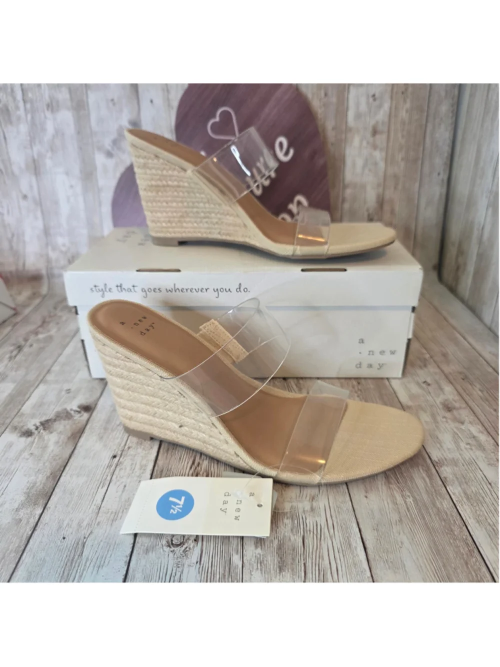 Women's A New Day Wedge Sandals Size 7.5 Beige Clear